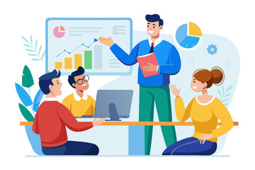 Business Team Meeting and Presentation – Modern Office Vector Illustration