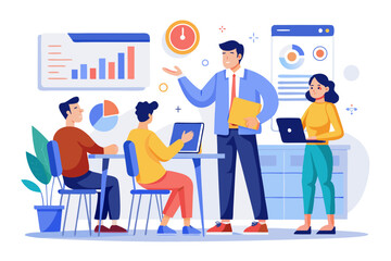 Business Team Meeting and Presentation – Modern Office Vector Illustration