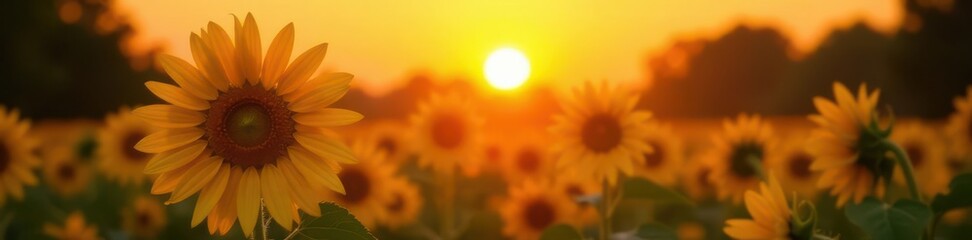 Obraz premium Single sunflower backlit by sunset, garden setting, nature, dusk
