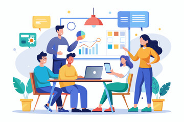 Business Team Meeting and Presentation – Modern Office Vector Illustration