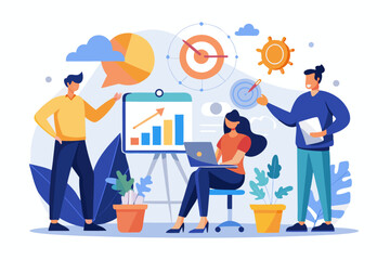 Business Team Meeting and Presentation – Modern Office Vector Illustration