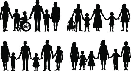 Diverse families holding hands including children in wheelchairs depicted in black silhouette