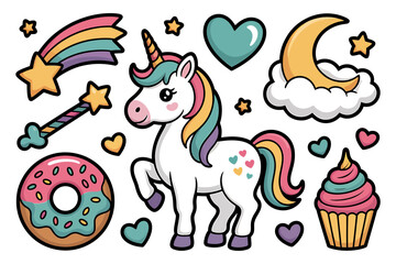 Fototapeta premium Cute Unicorn Magic and Sweets Vector Sticker Pack - Fantasy Dream Elements