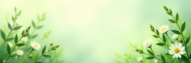 Fototapeta premium Subtle green flora on pale background, ample space , light, wedding invitation