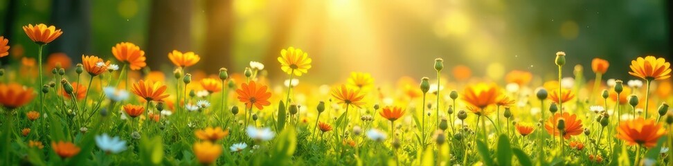 Sun-drenched meadow, wildflowers blooming, vibrant colors, landscape, natural