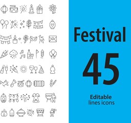 Festival Line Icons, Fireworks, Drum, Music, Dance, Party Hat, Lantern, Celebration Flags, and More...
