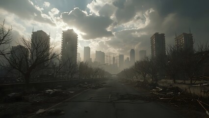 Obraz premium Cityscape in the evening, abandoned city. The city was destroyed by the earthquake.