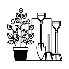 Group of garden tools arranged beside wall structure Vector illustration