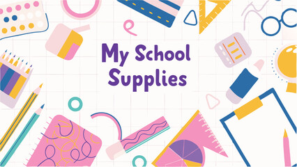 Illustration of school supplies and geometric shapes on a grid background design layout