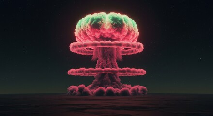 Stylized Nuclear Explosion with Pink and Green Mushroom Cloud

