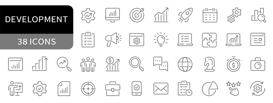 Development simple line icons set. Web development, marketing, analytics, startup, business, strategy editable stroke icon. vector