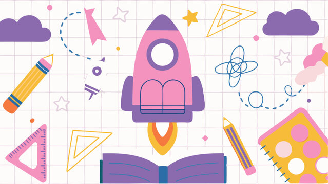 Illustration featuring books rainbows stars and glasses on a grid background design element