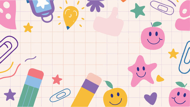 Illustration of a stack of books with school supplies and the words once upon a time on a background