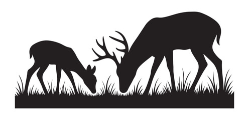 Silhouette of Two Deer Grazing – Peaceful Wildlife Scene in Black and White