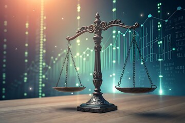 A digital representation of balanced scales symbolizes justice and law, set against a backdrop of glowing data and technological elements. AI