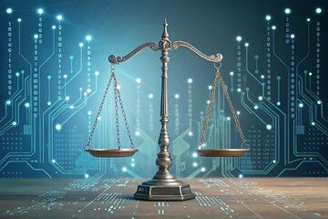 A digital representation of balanced scales symbolizes justice and law, set against a backdrop of glowing data and technological elements. AI