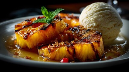 Grilled Pineapple with Caramelized Crust and Vanilla Ice Cream Scoop perfect for tropical dessert menus, summer recipe blogs, gourmet plating inspiration and exotic culinary features