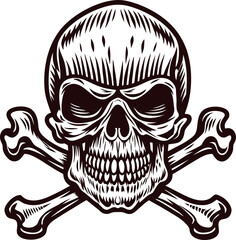 Fototapeta premium Vintage engraved human skull and crossed bones illustration in black and white isolated on a white background
