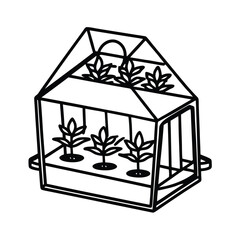 Mini greenhouse open to show rows of seedling plants Vector illustration