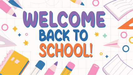 Aesthetic school supplies including a backpack, pen, pencil, and other items on a grid background