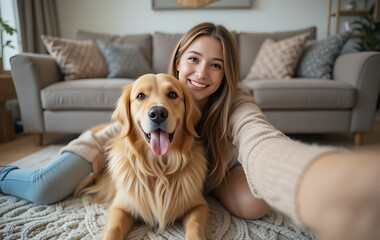 Woman taking selfie with Golden Retriever on living room floor