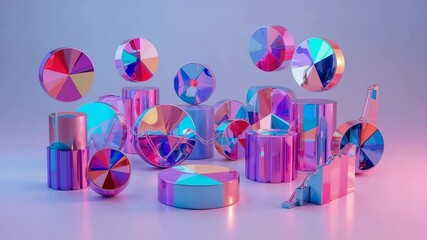 Starting pie chart discs rotating, ribbon flowing, bar graph pulsing in studio with colored lights - Powered by Adobe