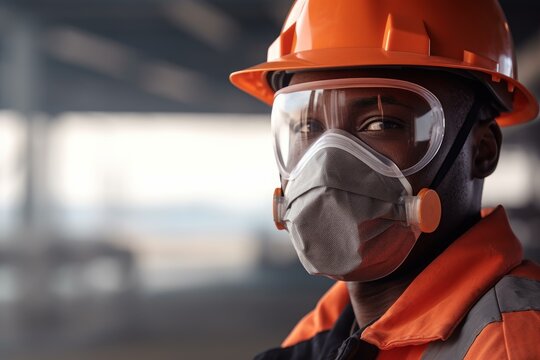 Portrait of an industrial worker wearing safety glasses, mask and helmet on a construction site