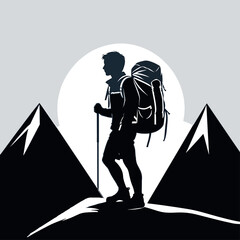 Fototapeta premium Black and White Hiking Explorer Silhouette on Mountain Top with Backpack