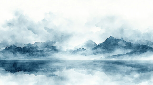Abstract blue watercolor landscape with mountains and water reflections.