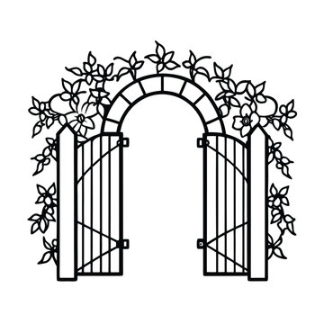 Flowering vine climbing around open wooden garden gate Vector illustration