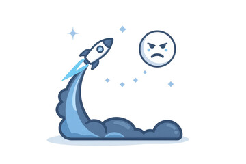 2d icon of 'the environmental impact of space tourism', with a rocket ship taking off and its exhaust trail forming a sad face in the sky, minimalist design, solid gray and light blue colors