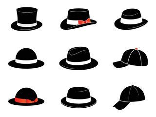 Collection of various types of hats including fedora hat and cap