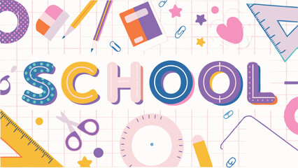 Classroom rules poster with colorful text and school supply illustrations and a grid background design