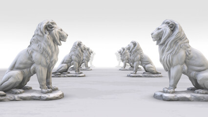 A  background of endless rows of white lion statues.