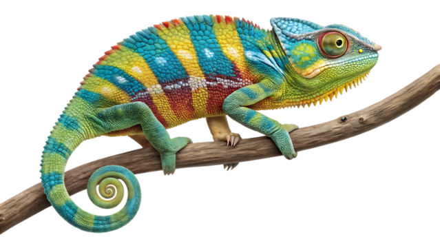 Vibrant chameleon with colorful scales perched on a branch isolated on transparent background