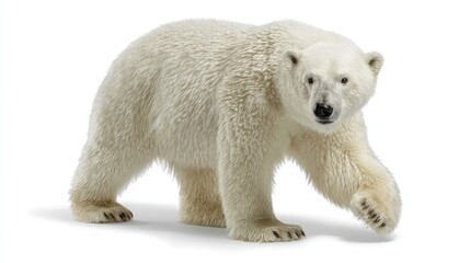 A polar bear standing with one paw raised on bright white backdrop