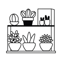 Succulent shelf with organized pots and decorative stones Vector illustration