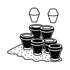 Grouped clay pots near spilled soil and small rake Vector illustration