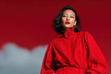 Fashion model posing in red outfit on red background