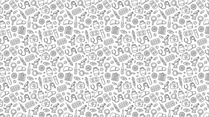Seamless pattern of medical icons in black and white featuring various healthcare related symbols