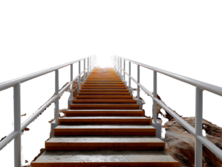 Ascending to Heights: A perspective shot capturing a long flight of stairs, inviting the viewer on a journey of elevation. The staircase, framed by silver rails.