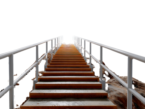 Ascending to Heights: A perspective shot capturing a long flight of stairs, inviting the viewer on a journey of elevation. The staircase, framed by silver rails.