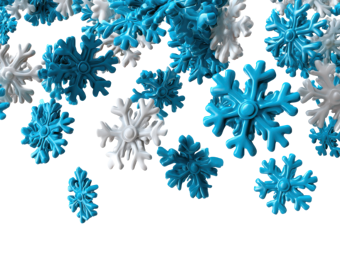 Winter's Delight: A cluster of intricately designed snowflakes float weightlessly, their icy blue and crisp white hues create a visual poem of winter beauty and wonder. - Powered by Adobe