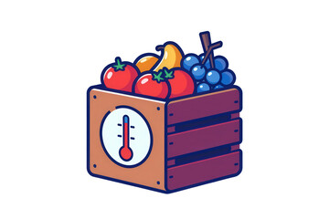 2d icon of 'perishable goods', with a simple crate of fruit icons that has a large thermometer symbol on its side, minimalist design, solid brown, red, and blue colors, clean sharp lines, no shadows