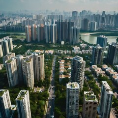 Obraz premium Aerial View of Contemporary Skyscrapers and Lush Green Neighborhood