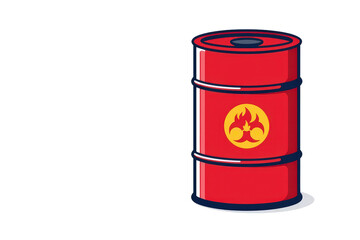 2d icon of 'hazardous materials' (hazmat), with a simple barrel that has a stylized flame symbol on it, minimalist design, solid red and yellow colors, clean sharp lines, no shadows