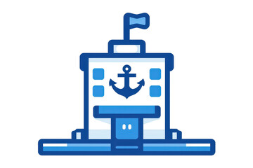 Fototapeta premium 2d icon of a 'port authority', with a simple building icon that has a ship's anchor symbol on it, minimalist design, solid blue and white colors, clean sharp lines, no shadows
