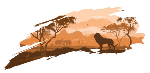 isolated fragment of african landscape with animals, plants. Vector illustration