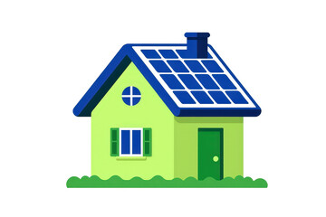 2d icon of a 'green home', with a simple house icon that has solar panels on the roof, minimalist design, solid green and blue colors, clean sharp lines, no shadows