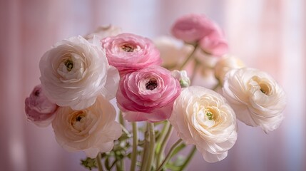 Elegant pink and white ranunculus flower bouquet centerpiece in soft natural light, surrounded by delicate petals, with a dreamy pastel blurred background and shallow depth of field

